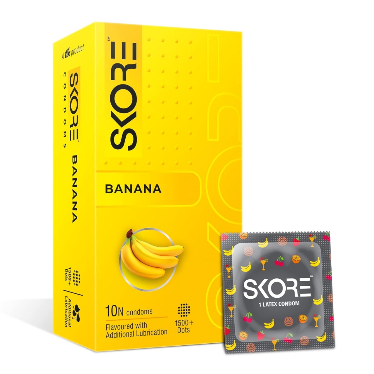 Picture of Skore Banana Flavored 1500+ Dots Condoms for Men With Extra Lubrication | 10pcs Pack | India