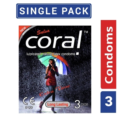 Picture of Coral- Long lasting extra time Lubricated Natural Latex Condom-Single Pack-3x1 - 3 Piece