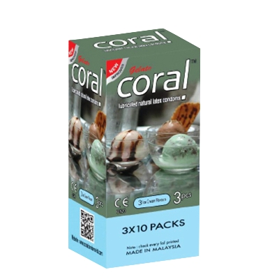 Picture of Coral Condom 3 Ice Cream Flavors Lubricated Natural Latex - Full Box