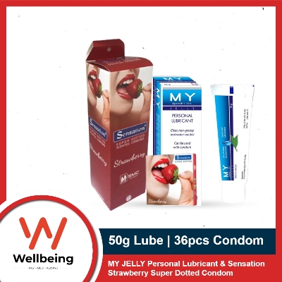 Picture of Condom & Lubricant Condom - Sensation Super Dotted Strawberry Flavor Condom Full Box & MY Jelly Personal Lubricant 50gm Tube (Works Like KY Jelly)