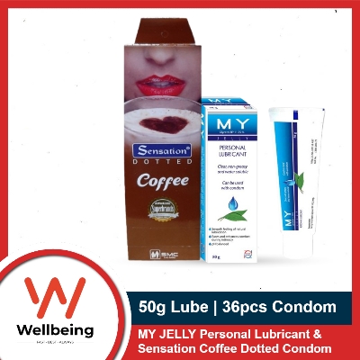 Picture of Condom & Lubricant Condom - Sensation Dotted Coffee Flavor Condom Full Box & MY Jelly Personal Lubricant 50gm Tube (Works Like KY Jelly)