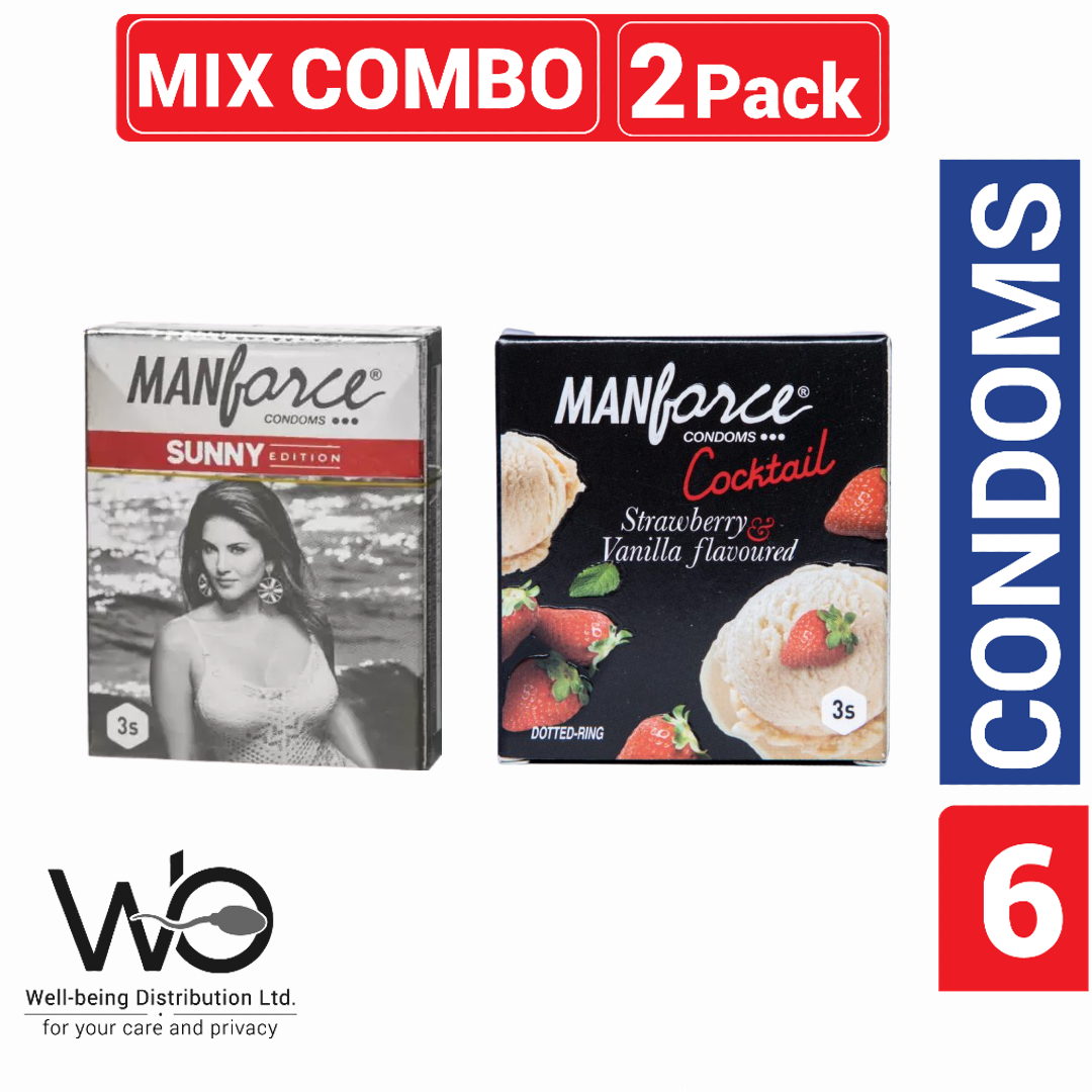 Picture of Manforce Condom Mix - 1 Pack Sunny Edition & 1 Pack Cocktail Strawberry & Vanilla Flavor Dotted Condom - 3x2=6pcs Condom (Made in India)