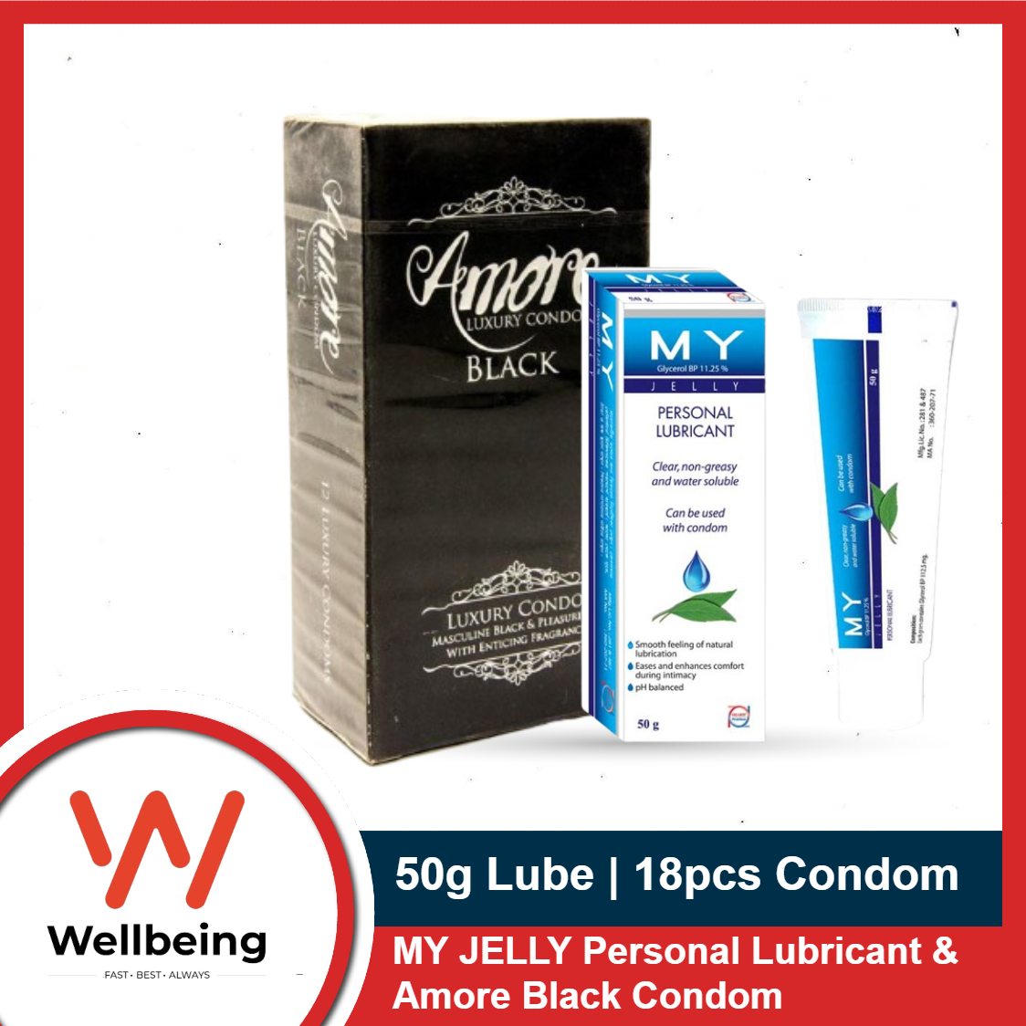 Picture of Amore Luxury Black Condom Full Box 3x6=18pcs & MY Jelly Personal Lubricant 50gm Tube | Works Like KY Jelly