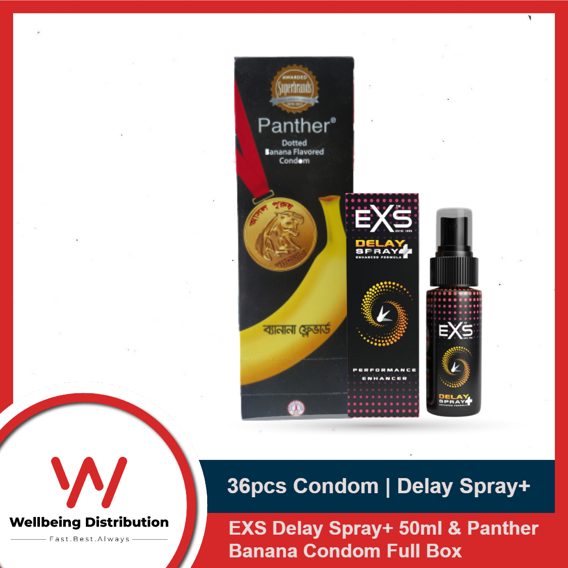 Picture of Panther Dotted Banana Condom Full Box & EXS Spray Plus 50ml | Wedding & Honeymoon Combo Pack | Condom & Lubricant Combo