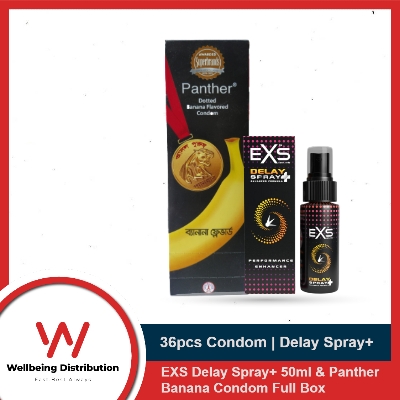 Picture of Panther Dotted Banana Condom Full Box & EXS Spray Plus 50ml | Wedding & Honeymoon Combo Pack | Condom & Lubricant Combo