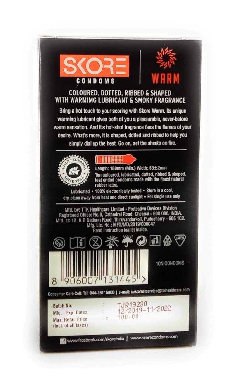 Picture of Skore Condom for Men Warm Smoky Flavor Ribbed Dotted Colors Condom 3pcs x 2 Pack | Extra Lubrication | India