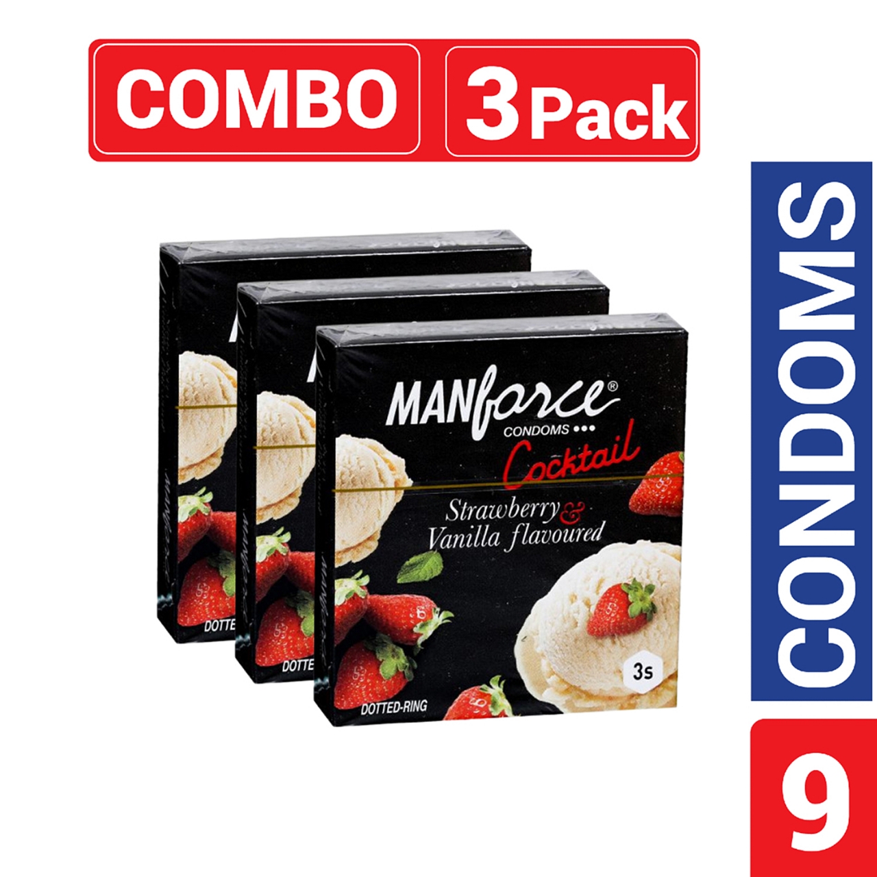 Picture of Manforce - Cocktail Condoms with Dotted-Rings Strawberry & Vanilla Flavored - Combo Pack - 3 Pack - 3x3=9pcs