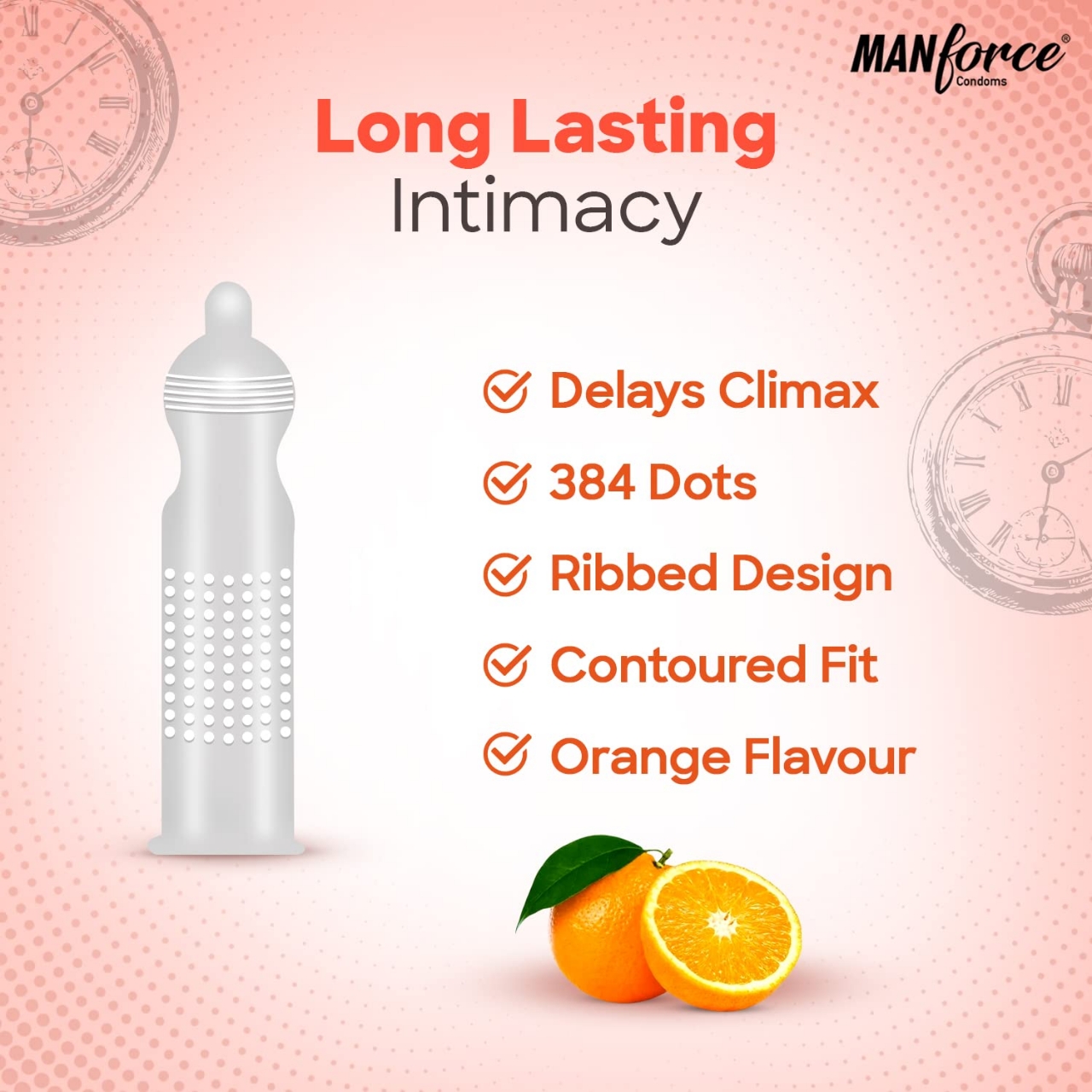 Picture of Manforce | Overtime Orange Flavor Dotted Condom For Men | 10pcs Pack | Made in India