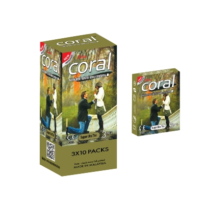 Picture of Coral - Super Ultra Thin Lubricated Natural Latex Condoms | Full Box - 3x10=30pcs | Malaysia