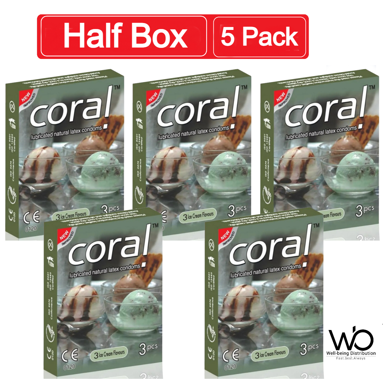 Picture of Coral Ice Cream Flavor Latex Condoms 5 Pack Combo 3x5 - 15 pcs Condoms