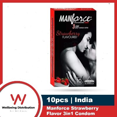 Picture of Manforce Wild Strawberry Flavor Condoms 10pcs Pack 3in1 Dotted, Ribbed, Contoured Condoms (Made in India)