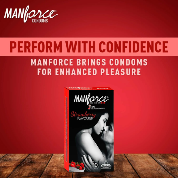 Picture of Manforce Wild Strawberry Flavor Condoms 10pcs Pack 3in1 Dotted, Ribbed, Contoured Condoms (Made in India)