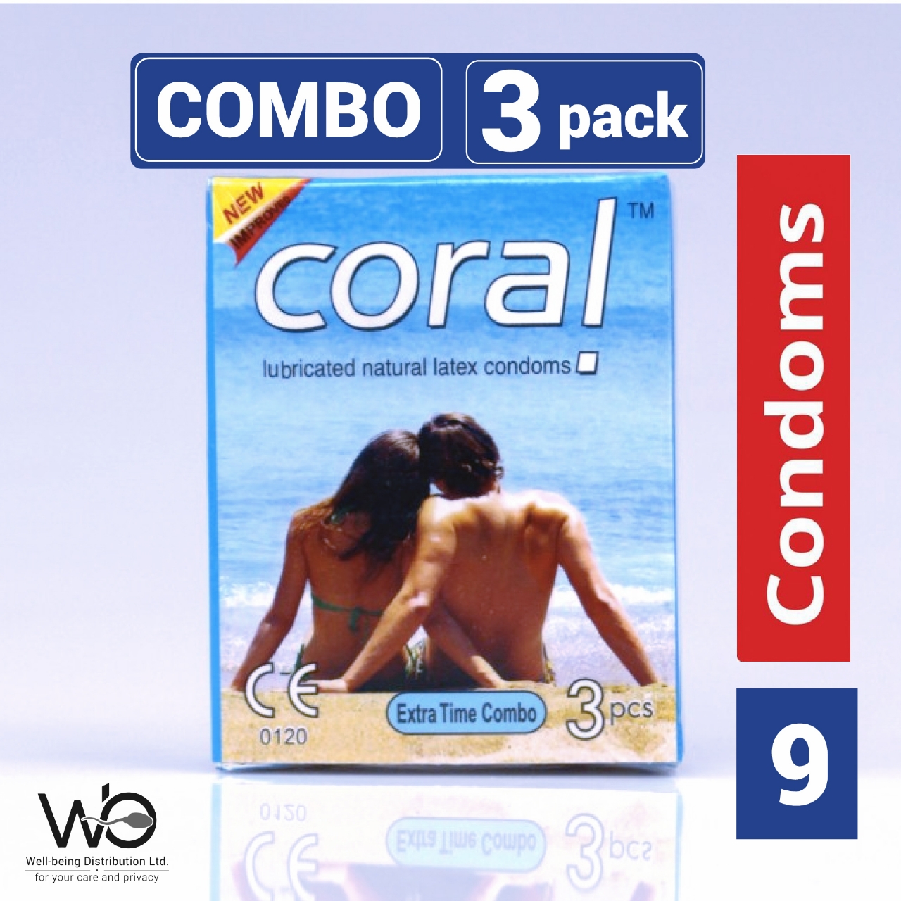 Picture of Coral - Extra Time Combo Lubricated Natural Latex Condom - Combo Pack - 3 Packs - 3x3 - 9pcs