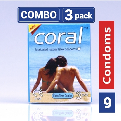 Picture of Coral - Extra Time Combo Lubricated Natural Latex Condom - Combo Pack - 3 Packs - 3x3 - 9pcs