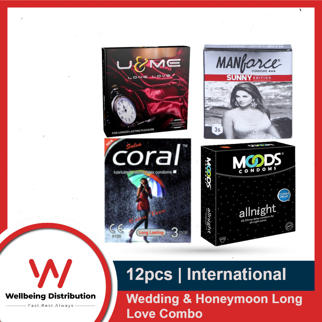 Picture of Wedding & Honeymoon Combo Package for Long Time Lovers - U&Me Long Love, Coral Long Lasting Extra Time, Moods All Night & Manforce Sunny Condom - Each Pack contains 3pcs Condom - Total 12pcs Condom