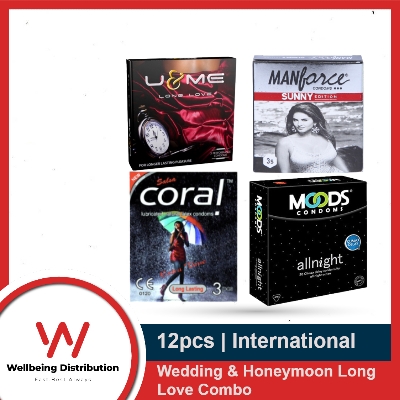Picture of Wedding & Honeymoon Combo Package for Long Time Lovers - U&Me Long Love, Coral Long Lasting Extra Time, Moods All Night & Manforce Sunny Condom - Each Pack contains 3pcs Condom - Total 12pcs Condom
