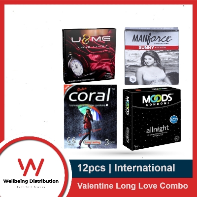Picture of Valentine Combo Pack for Long Time Lovers - U&Me Long Love, Coral Long Lasting Extra Time, Moods All Night & Manforce Sunny Condom For Men - Each Pack contains 3pcs Condom - Total 12pcs Condom