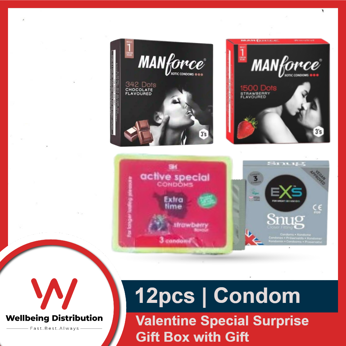 Picture of Valentine Special Gift Box | Manforce Strawberry, Chocolate, EXS Snug Fit, Active Strawberry Flavor Condom | 3x4=12pcs Condom | With Gift