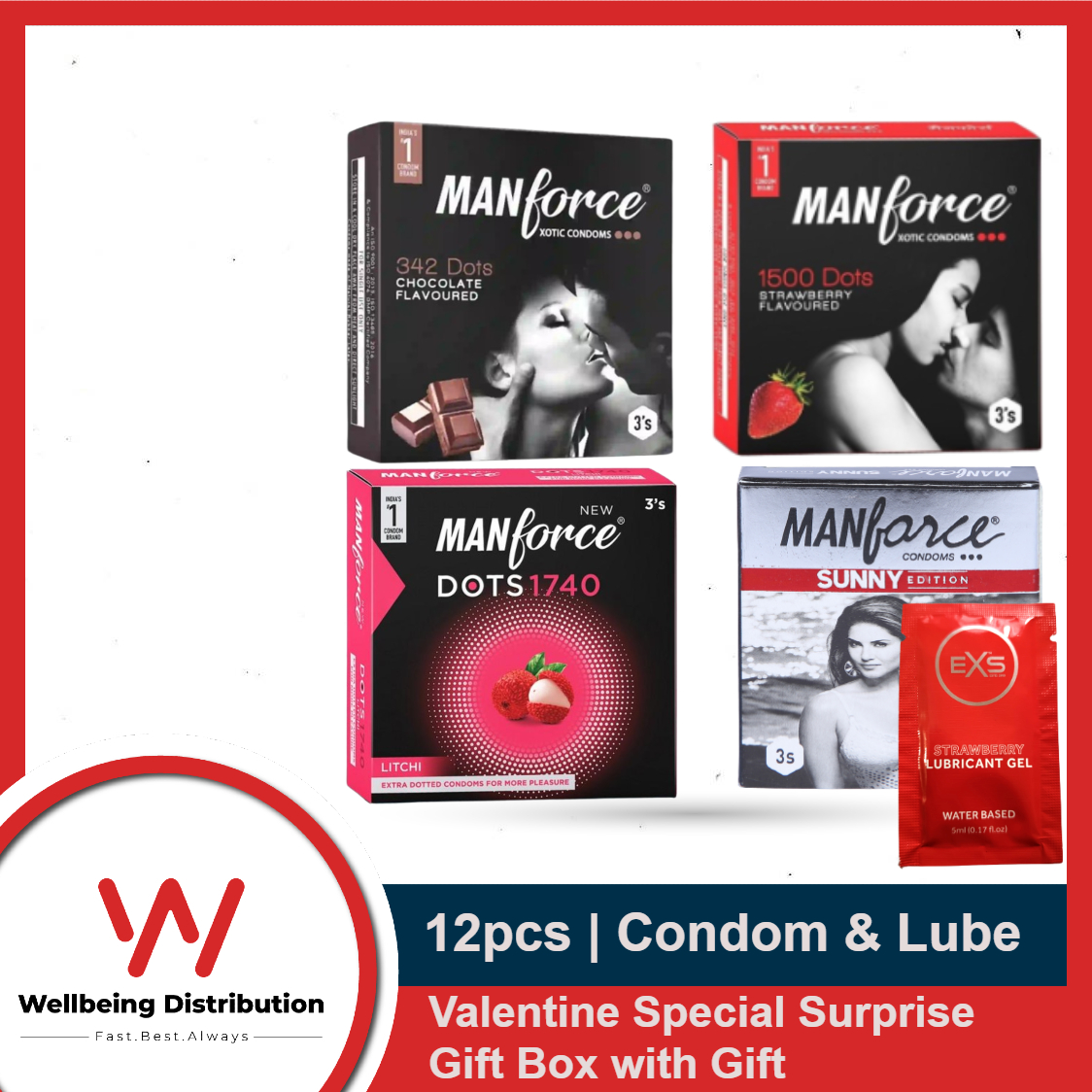 Picture of Valentine Special Gift Box | EXS Natural Lubricant 5ml, Manforce Strawberry, Chocolate, 1740 Litchi Flavor & Sunny Edition Condom | 3x4=12pcs Condom | With Gift