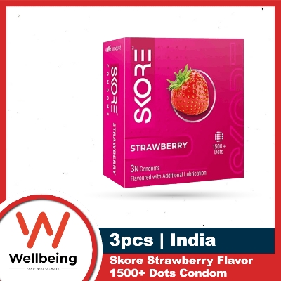 Picture of SKORE Not Out, Chocolate, Strawberry, Orange, Banana, Cherry Flavor, Dots, Shade, Cool Warm 1500+ Dots Condom for Men | Single 3pcs | India