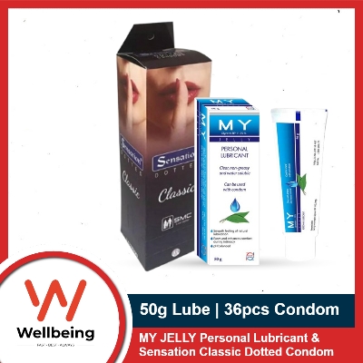 Picture of Sensation Classic Dotted Condom Full Box 3x12=36pcs Condom & MY Jelly Personal Lubricant 50gm Tube | Works Like KY Jelly