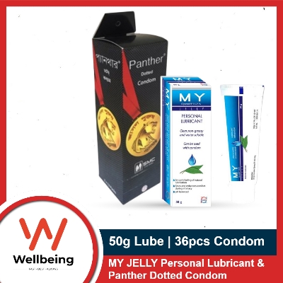 Picture of Condom & Lubricant Condom - Panther Dotted Condom Full Box & MY Jelly Personal Lubricant 50gm Tube (Works Like KY Jelly)