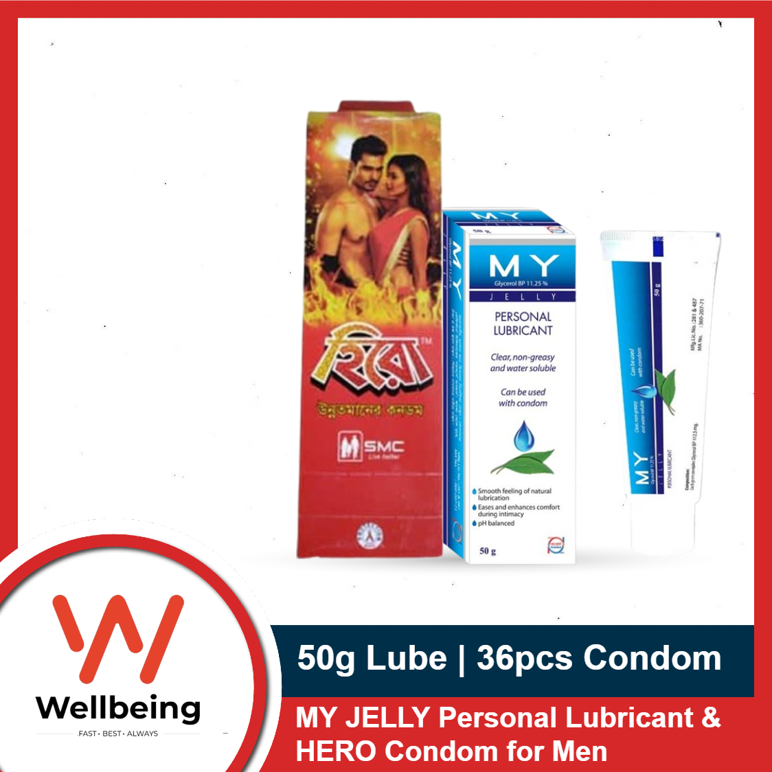 Picture of Condom & Lubricant Condom - Hero Condom Full Box & MY Jelly Personal Lubricant 50gm Tube (Works Like KY Jelly)