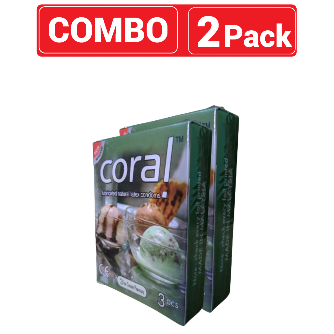 Picture of Coral - 3 Ice Cream Flavors Lubricated Natural Latex Condom - 2 Packs - 6pcs