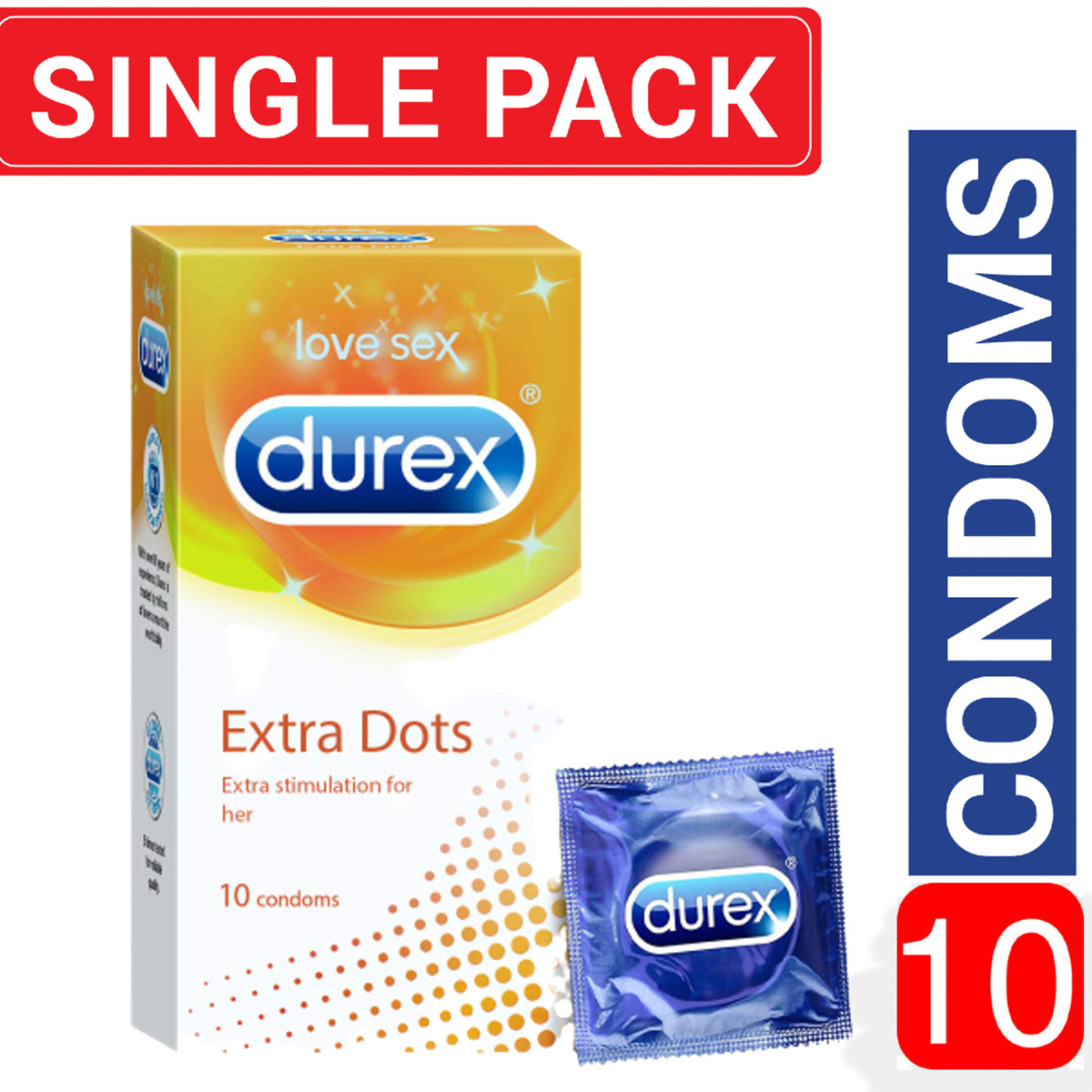 Picture of Durex Extra Dots Condom for Men for Extra Stimulation for Her | Single 10pcs Pack | Made In India