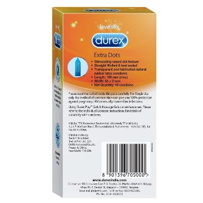 Picture of Durex Extra Dots Condom for Men for Extra Stimulation for Her | Single 10pcs Pack | Made In India