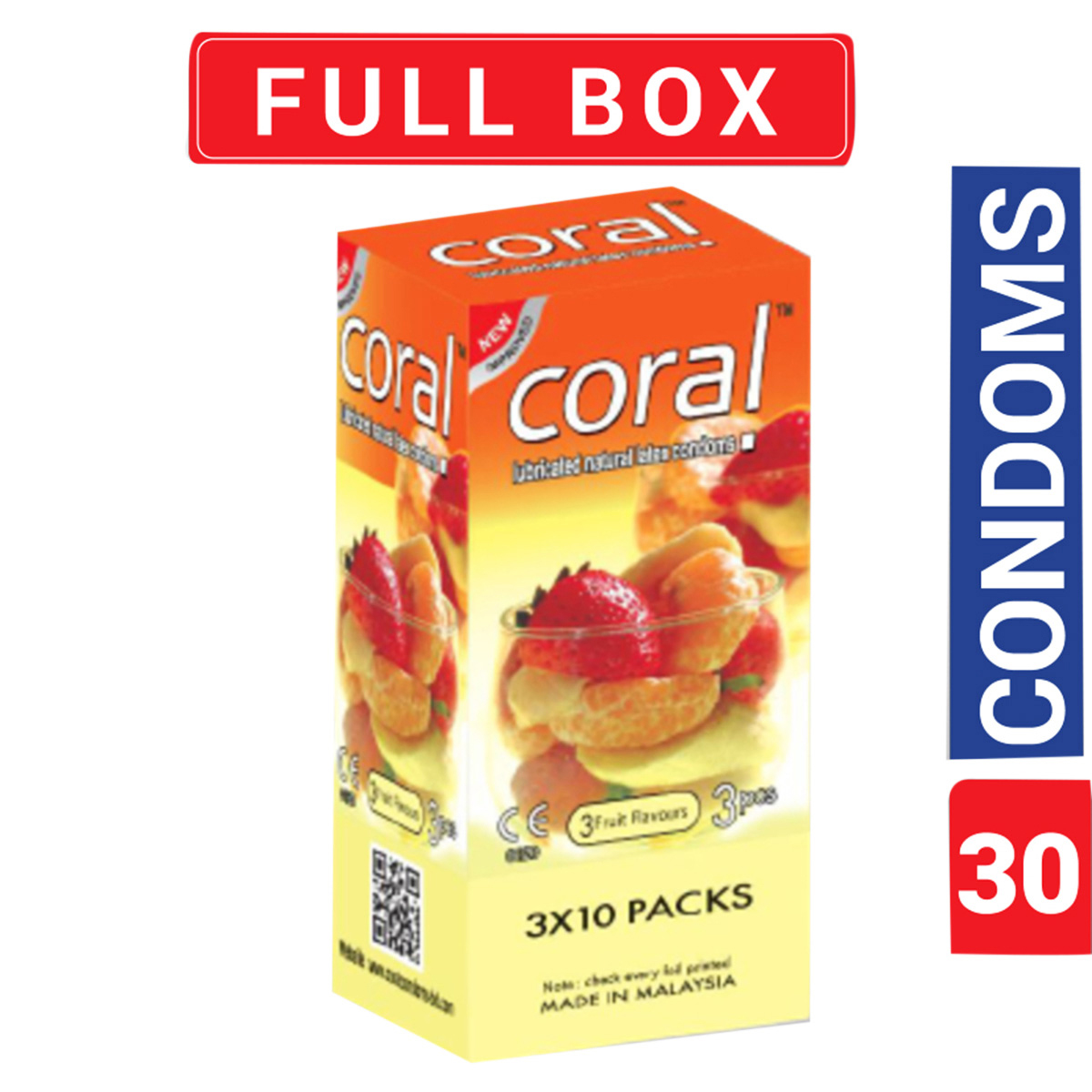Picture of Coral 3 Fruits Flavors Lubricated Natural Latex Condom For Men Full Box