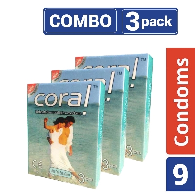 Picture of Coral - Ultra Thin Extra Time Lubricated Natural Latex Condom - Combo Pack - 3 Packs -9pcs