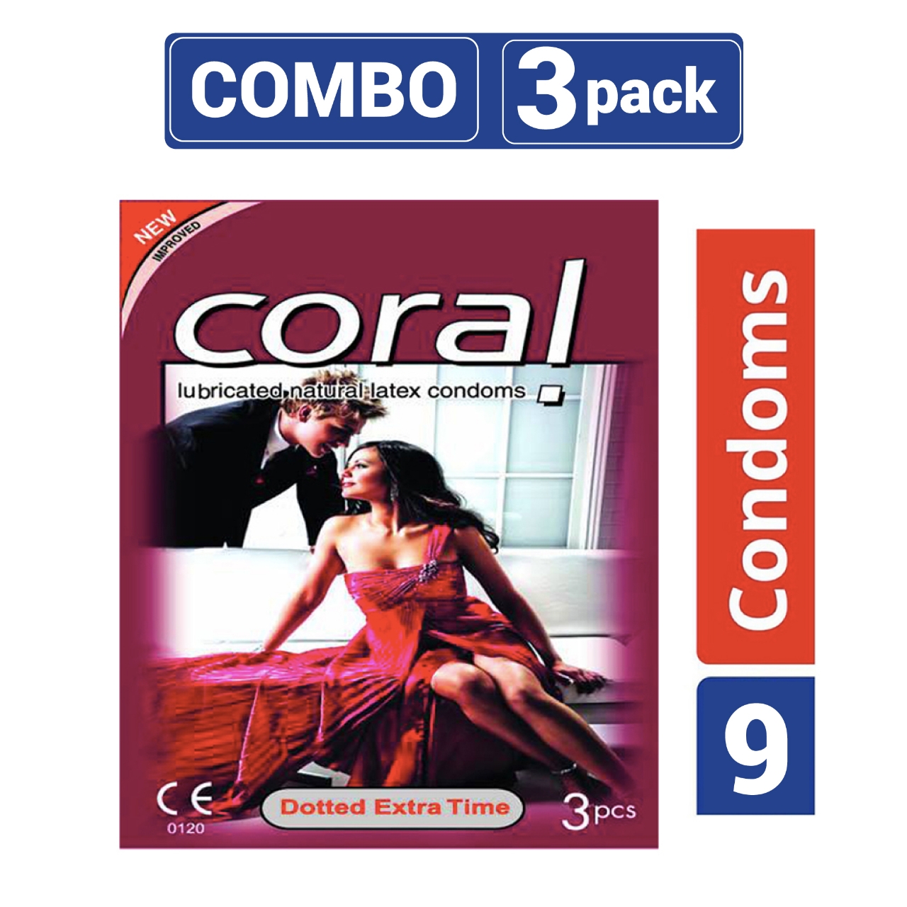 Picture of Coral - Dotted Extra Time Lubricated Natural Latex Condom - Combo Pack - 3 Packs