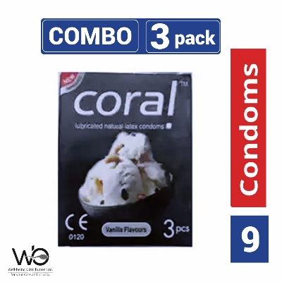 Picture of Coral - Vanilla Flavors Lubricated Natural Latex Condom - Combo Pack - 3 Packs - 3x3 - 9pcs
