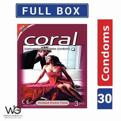 Picture of Coral Dotted Extra Time Lubricated Natural Latex Condoms Full Pack - 30 Pcs