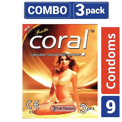 Picture of Coral 3 Fruits Flavors Lubricated Natural Latex Condoms 3 Pack Combo - 9 Pcs - Condom