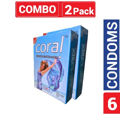 Picture of Coral - 3 in 1 Lubricated Natural Latex Condom - Combo Pack - 2 Packs - 3x2=6pcs