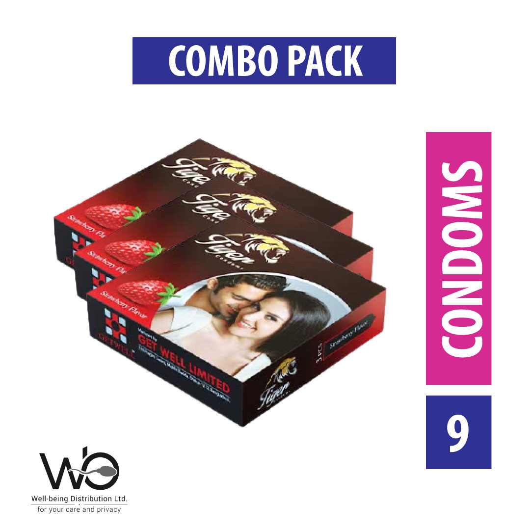 Picture of Tiger - Dotted Condoms Strawberry Flavour - Combo Pack - 3 Packs - 9pcs