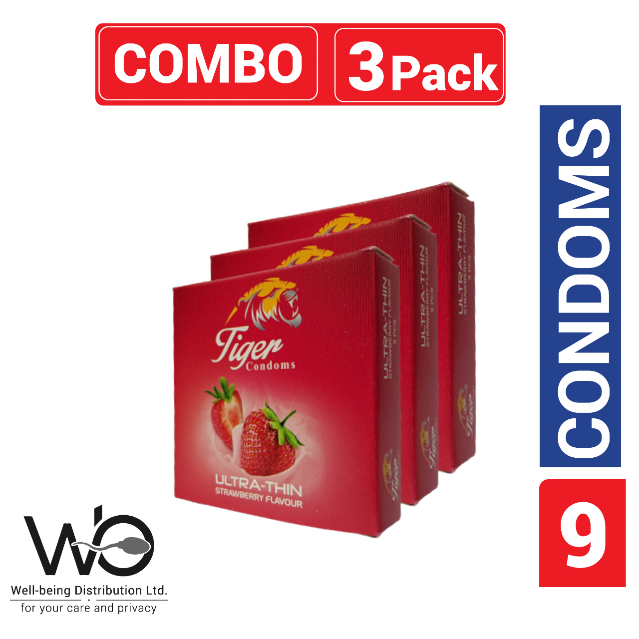 Picture of Tiger - Ultra Thin Strawberry Flavour Condom - Combo Pack - 3 Packs - 3x3=9pcs (টাইগার স্ট্রবেড়ী কনডম)