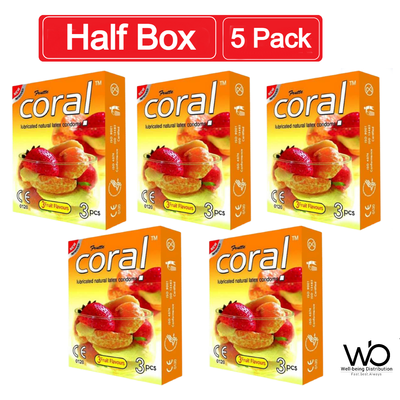 Picture of Coral 3 Fruits Flavor Flavors Lubricated Natural Latex Condom Half Box 5x3