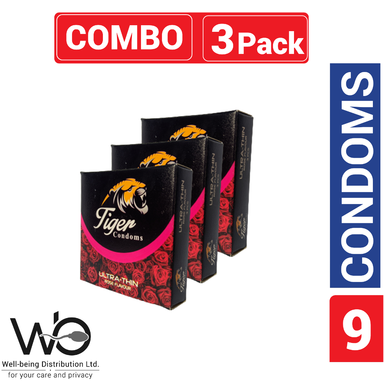 Picture of Tiger Ultra Thin Rose Flavour Condom Combo Pack 3 Packs 3x3 pcs Condom