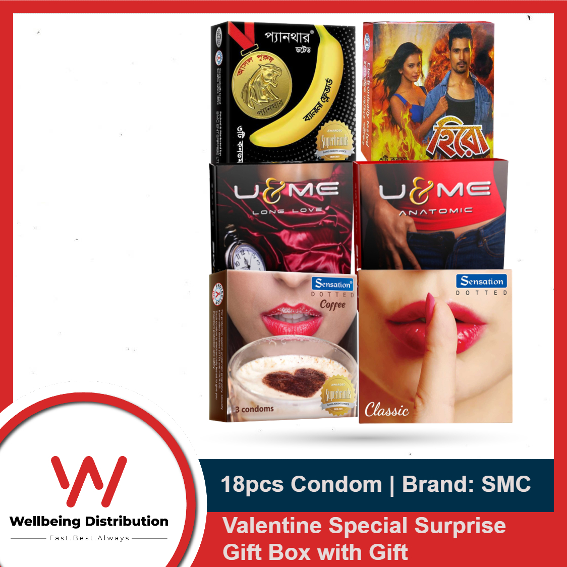 Picture of Valentine Special Gift Box | Panther Dotted, U&Me Anatomic, Long Love, Hero, Sensation Classic & Coffee Flavor Condom | 6x3=18pcs Condom | With Gift