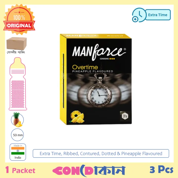 Buy Manforce Overtime Long Lasting, Dotted, Ribbed & Contoured Pineapple Flavoured Condom 1 Pack (3 Pcs) at Best Price in Bangladesh