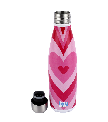 Picture of ICY Water Bottle 450 ML Stainless Steel| Keep Cold and Hot for 12 Hours| BPA Free| Leak Proof| Pink Hearts| Double-Walled Insulated Inner Steel and Sturdy Outer
