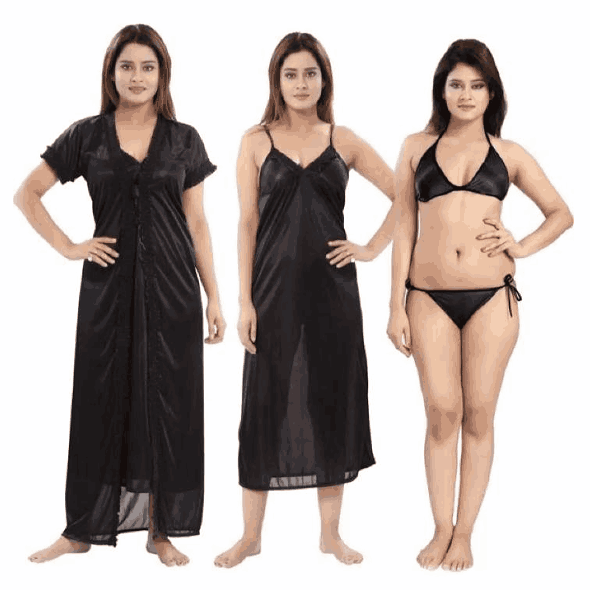 Picture of 4 Piece Women Fashionable Nightwear Black
