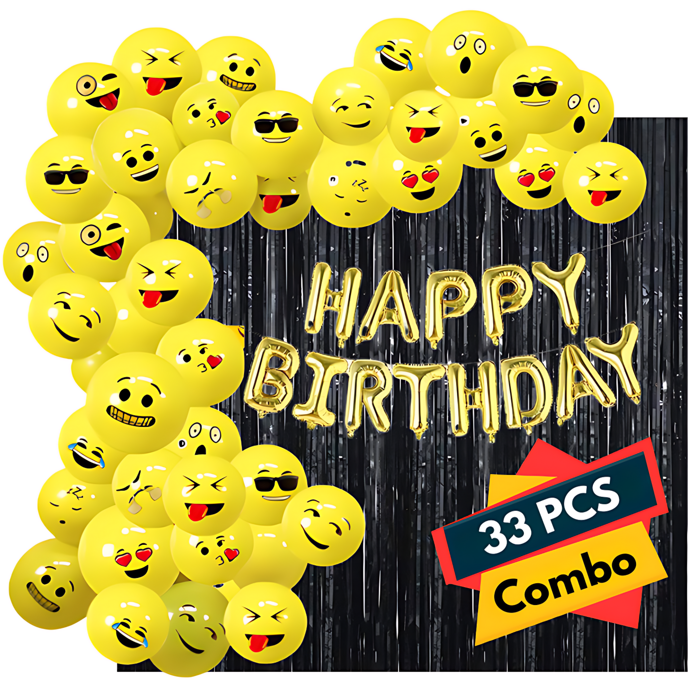 Emoji Birthday Celebration:  Includes Birthday Banner, Emoji Balloons, and Black Foil Curtain - Tailored for Kids, Boys, Girls, and Men's Birthday Parties- (Pack of 33 Pcs)