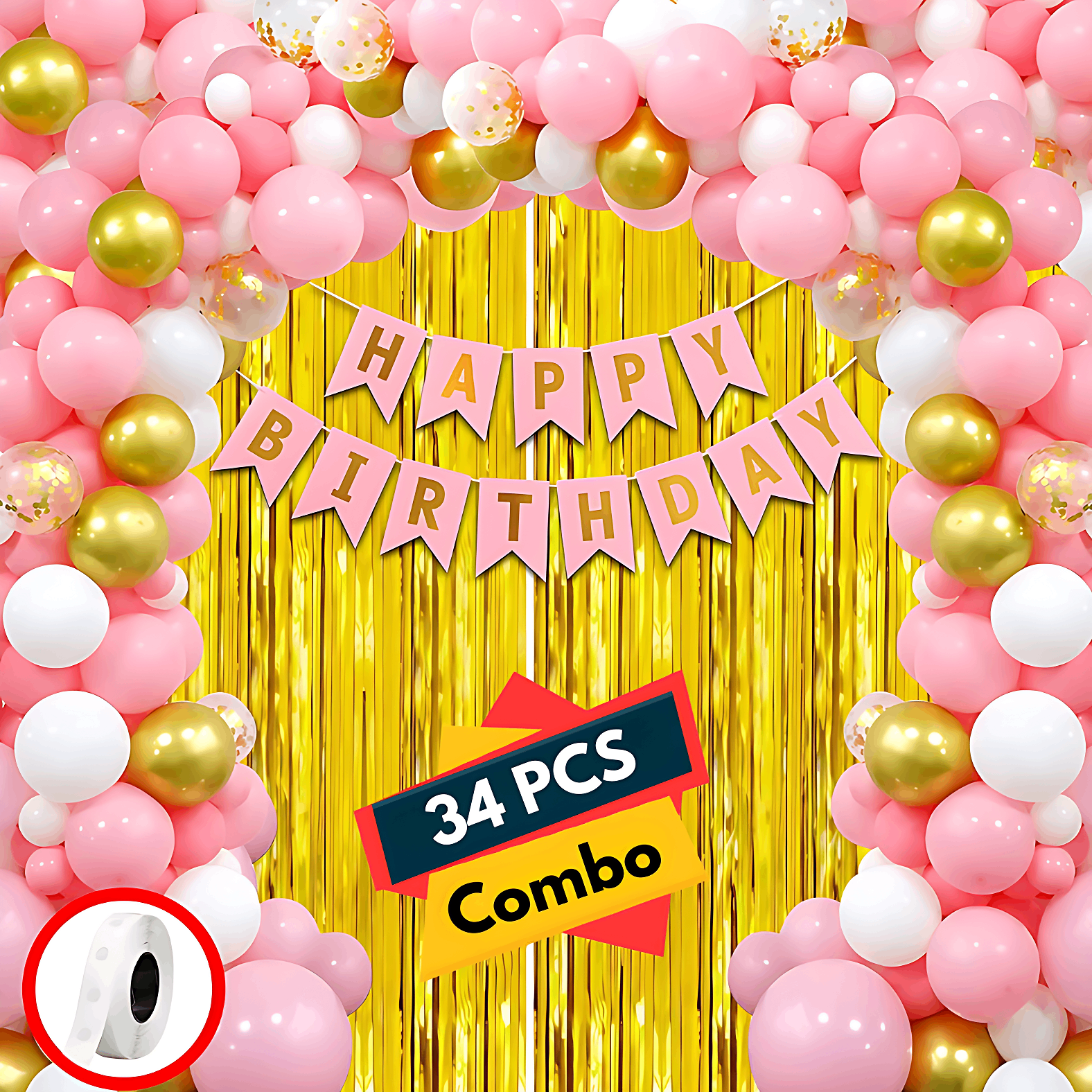 Happy Birthday Decorations Pink Combo Set - Pink, Golden, and White Metallic Balloons, Birthday Pink Paper Banner, Golden Foil Curtain, and Glue Dot Roll- (Pack of 34 Pcs)