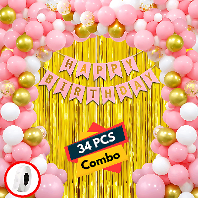 Happy Birthday Decorations Pink Combo Set - Pink, Golden, and White Metallic Balloons, Birthday Pink Paper Banner, Golden Foil Curtain, and Glue Dot Roll- (Pack of 34 Pcs)