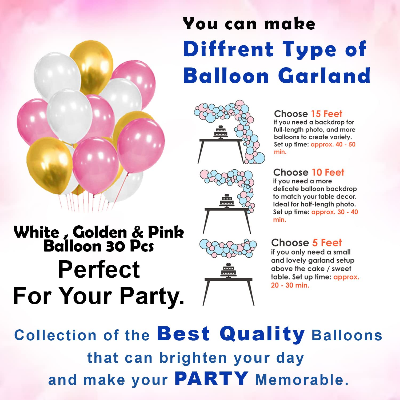 Happy Birthday Decorations Pink Combo Set - Pink, Golden, and White Metallic Balloons, Birthday Pink Paper Banner, Golden Foil Curtain, and Glue Dot Roll- (Pack of 34 Pcs)