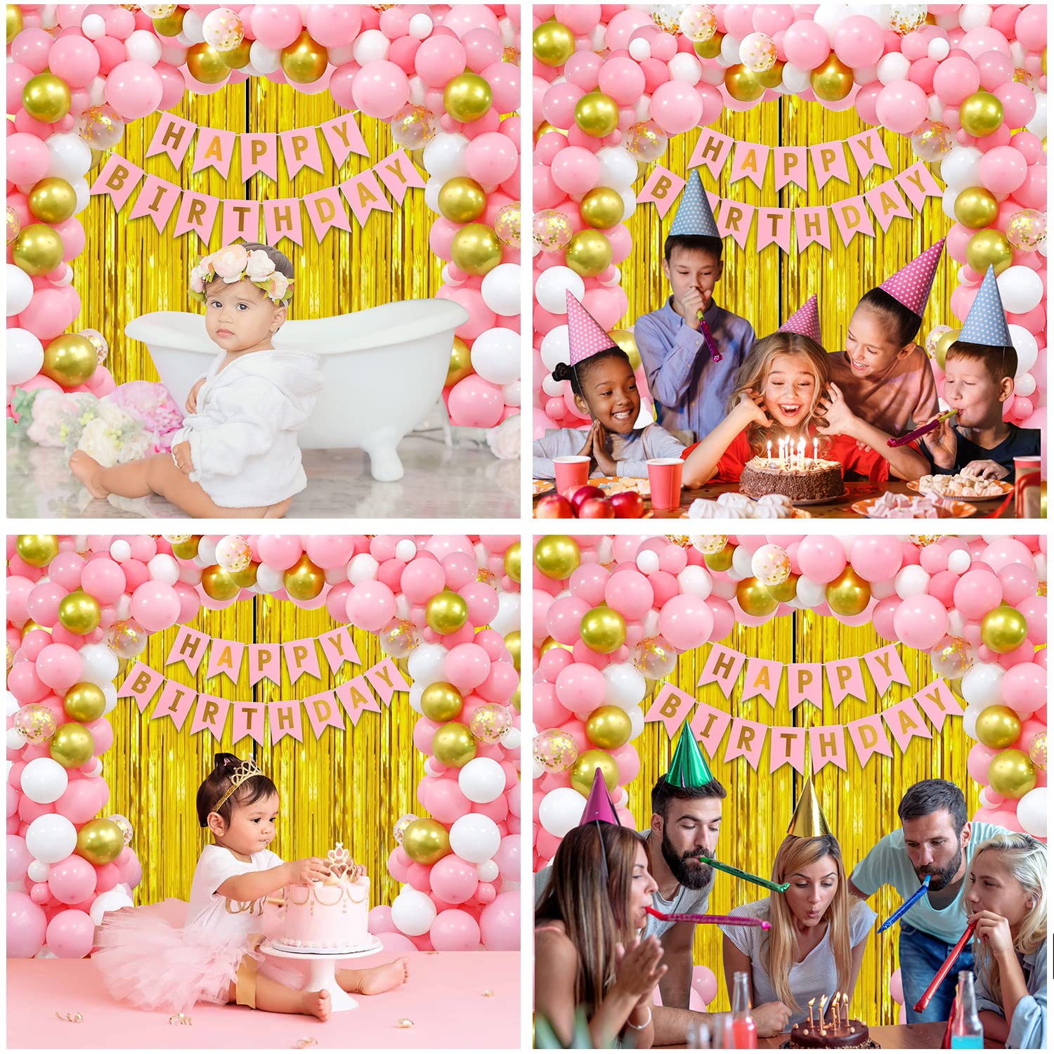 Happy Birthday Decorations Pink Combo Set - Pink, Golden, and White Metallic Balloons, Birthday Pink Paper Banner, Golden Foil Curtain, and Glue Dot Roll- (Pack of 34 Pcs)